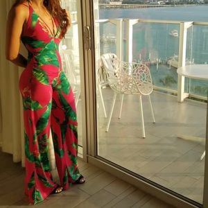 Beautiful silky pink and green jumpsuit!